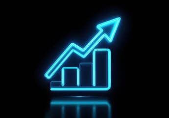 Poster - Blue neon glowing graph icon illustrating growth and progress with an upward arrow on a dark background, symbolizing business success and financial planning