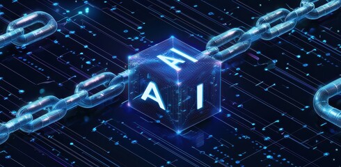Poster - Futuristic digital illustration of a cubic AI symbol integrated into a glowing blockchain chain on a circuit board backdrop