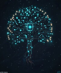 Poster - futuristic digital tree with glowing circuit branches on dark background symbolizing technology and 