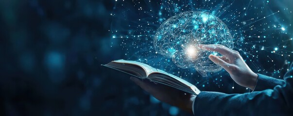 Poster - Futuristic AI brain with holographic projection above open book symbolizing technology and knowledge