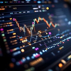 Poster - Macro level perspective of a dynamic blue trading chart intently studying the nuances of market fluctuations through precise candlestick details and advanced data analytics showcasing a clean