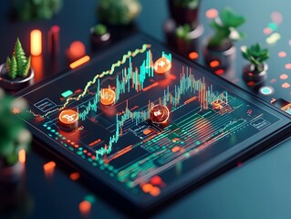 Poster - Tight focus on a complex trading chart in cool blue tones