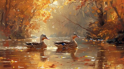 Poster - Two Ducks Swimming in a Golden Autumn Forest