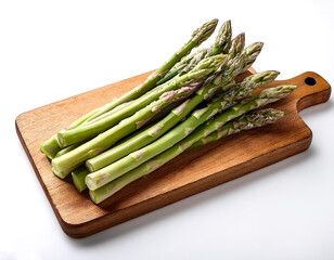 A handful of fresh green asparagus stalks placed on a cutting board on a white background