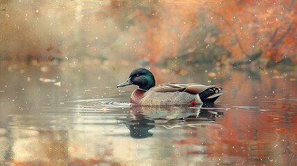 Canvas Print - Mallard Duck Swimming in Autumn Pond