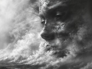 Wall Mural - Woman in the Storm: A Dramatic Black and White Portrait