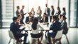 © customer solution - Blurry photo of multiracial business people having meeting.