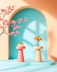 Poster - Bright and airy 3D studio space featuring a modern minimalist product stand with vibrant floral decor  directional lighting from a window creating dramatic shadows