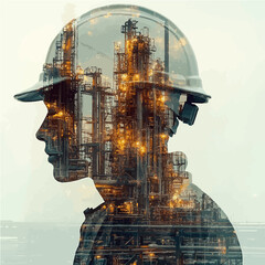 Double exposure of an engineer with industrial structures overlaid, highlighting technological innovation and industrial power.