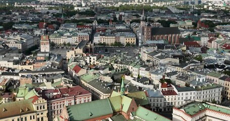 Poster - Aerial trucking shot of of Cracow Old Town, Main Square, town-hall and Saint Mary's church in Poland