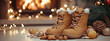 © shintartanya - Saint Nicholas Day, Red baby shoes filled with sweets and treats to celebrate Saint Nicholas Day under the Christmas tree, Saint Nicholas holiday card