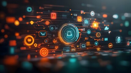 Poster - Vibrant Digital Backdrop with Overlapping Technology Icons Binary Code and Futuristic Neon lit Interface Featuring Sleek Holographic Panels Pulsing Data Streams and Dynamic Glitch Effects