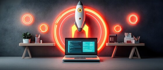Poster - Visionary 3D Modeled Startup Workspace with a Sleek Laptop Bold Rocket Inspired Icon and Luminous Neon Highlights Showcasing an Innovative Technologically Advanced Atmosphere