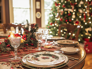 Decorated Christmas table with Christmas tree in the background