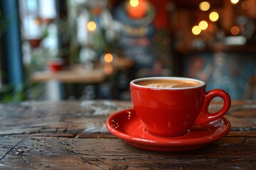 A vibrant red coffee cup rests on a rustic wooden table, filled with creamy latte art, surrounded by a warm cafe atmosphere. The background features soft lighting and inviting decorations