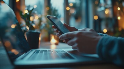 Poster - Close-up of Hands Holding Smartphone and Laptop, Warm Lighting