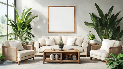 Cozy living room design with a large beige sofa, two armchairs, wooden coffee table, tall houseplants, and an empty frame mockup hanging above the sofa.