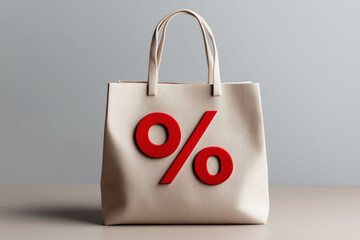 A neutral-toned shopping bag with bold red percentage symbols on a light background. The minimalist design is ideal for retail, sales, and shopping promotions, offering a clean, stylish look.