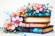 © MOUNSSIF - Worldwide reading festivity: watercolor artwork for academic reopening. Creative card showcasing vibrant literature and flowers on a light background