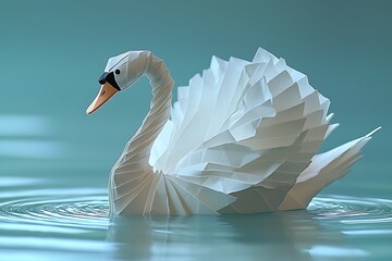 Folded origami swan with sleek smooth lines floating on a reflective surface with soft ripples spreading outwards in a minimalist setting
