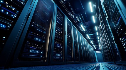Aufkleber - A row of server racks in a data center, lit by bright fluorescent lights.