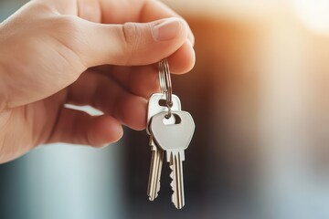 Hand holding a keychain with silver keys, soft focus background highlighting the importance of security and access.