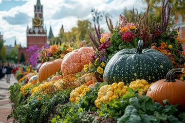 Decorative pumpkins from the Golden autumn festival in Moscow, near red square, the Kremlin. Halloween decor with various pumpkins, autumn vegetables and flowers. Harvest and garden - generative ai