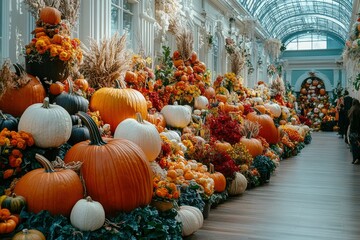 Decorative pumpkins from the Golden autumn festival in Moscow, near red square, the Kremlin. Halloween decor with various pumpkins, autumn vegetables and flowers. Harvest and garden - generative ai