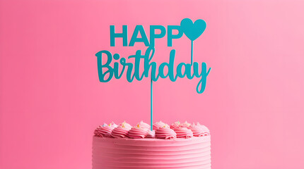 Beautifully decorated pink birthday cake with a teal 