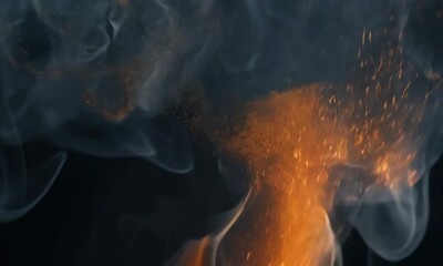 Poster - glowing ember particles in a dense smoke on a charcoal background. video