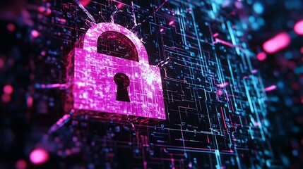 Poster - A glowing pink padlock symbol on a digital circuit board, representing cybersecurity and data protection.