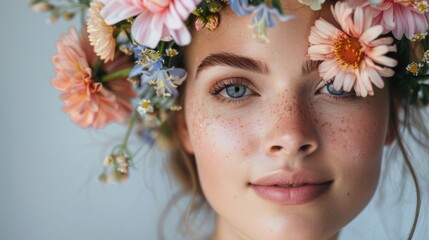 Portrait of a woman featuring natural skincare and cosmetics, adorned with a floral crown. Emphasizing spring blooms and organic body care for skin wellness