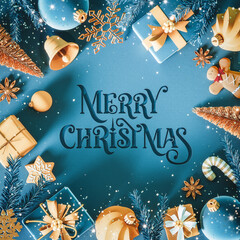 Wall Mural - beautiful christmas scene with gift boxes and text on blue background. beige and blue christmas gree