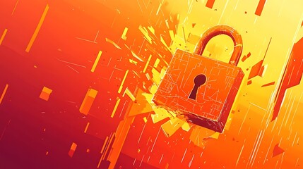 Poster - A rusty padlock with a broken shackle, surrounded by shattered pieces of orange glass, against a bright orange background.
