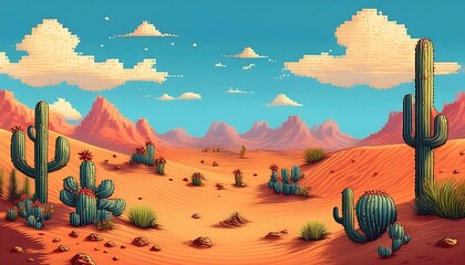 Daytime pixel art of a serene desert with sand dunes, cacti, and vibrant vegetation. Created with generative AI