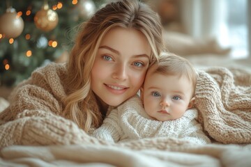 Beautiful young mother and her adorable little baby in warm knitted hats and scarves on the background of the Christmas tree. Happy family concept.