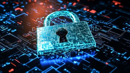 Poster - A glowing blue padlock on a digital circuit board background.