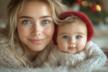 Wall Mural - Beautiful young mother and her adorable little baby in warm knitted hats and scarves on the background of the Christmas tree. Happy family concept.