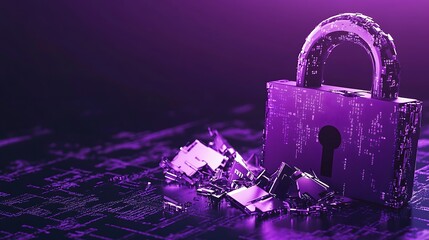 Poster - A 3D rendering of a shiny metallic padlock on a circuit board background with shattered pieces of the board around it. The padlock is purple and glowing in a dark setting.