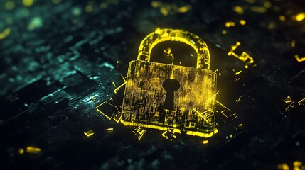 Poster - A glowing padlock on a dark digital background.
