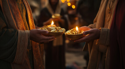 Hands Holding Bowls of Gold and Fire in a Ritual Ceremony