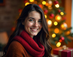 Wall Mural - A young Caucasian woman with long dark hair smiling in front of a Christmas tree, looking to camera, blurrrd background, lights in background