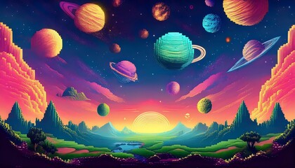 Wall Mural - A vibrant pixel art space landscape depicting colorful nebulae, planets, and a distant galaxy at twilight. Generative AI