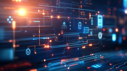 Poster - Abstract digital background with glowing lines and symbols representing data security.