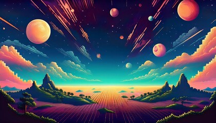 Wall Mural - A vibrant retro pixel art background depicting a sprawling outer space scene with planets and colorful nebulae. Generative AI