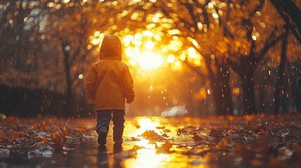 A child walks back to school on a rainy autumn day in the city, as the sunrise begins to illuminate the scene.