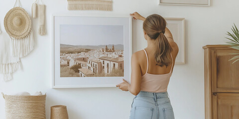 Aufkleber - Woman hanging travel photography print on white wall in bohemian chic home decor