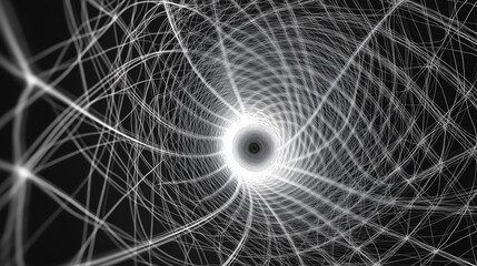 Poster - Abstract wormhole tunnel with swirling white lines on black background