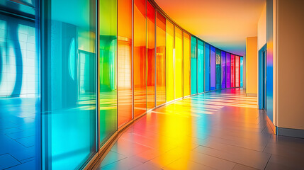Poster - Modern building interior hallway with colorful rainbow glass walls