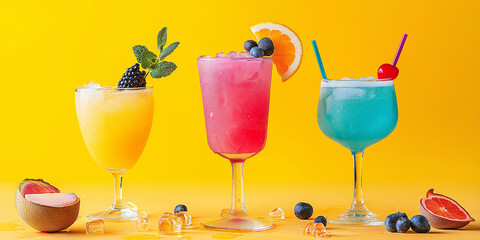 Poster - Three colorful cocktails standing on yellow background with fresh fruits and ice cubes